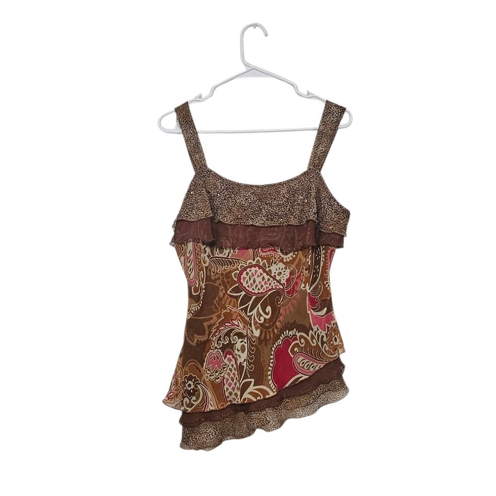 Y2K Fairy Top Brown Paisley Chiffon Asymmetric Ruffle Sleeveless Size Medium - Picture 1 of 5